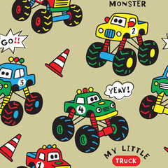 Cute Monster Truck Pattern Vector, Cartoon Car and Race Illustration for Kids.eps © atap
