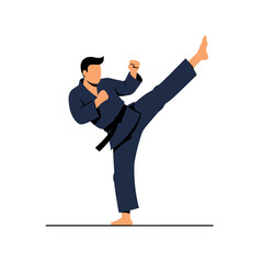 Man in blue karate uniform performing a high kick during training session with focus and determination.