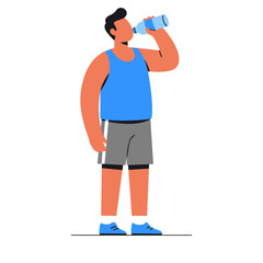 Man drinking water from plastic bottle after workout to hydrate himself in gym, demonstrating healthy lifestyle and hydration, refreshing and energetic.