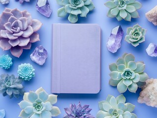 Purple Notebook Succulents Amethyst Crystals Flatlay