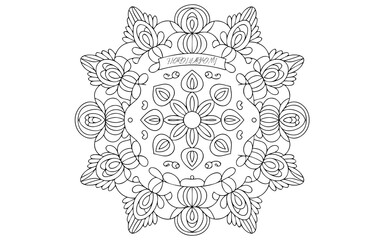Intricate mandala design isolated on white background featuring floral and geometric patterns, perfect for coloring books and decorative art projects
