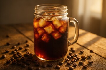 Fresh cold brew coffee with ice cubes in mason jar on rustic wooden table with morning sunlight