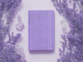 Lavender Flowers, Crystals, Purple Notebook Flatlay