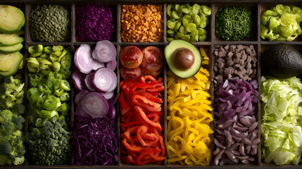 Colorful Flat Lay of Fresh Salad Ingredients in Rainbow Rows