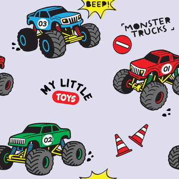 Seamless Pattern of Cartoon Monster Trucks, Offroad Vehicle Vector.eps