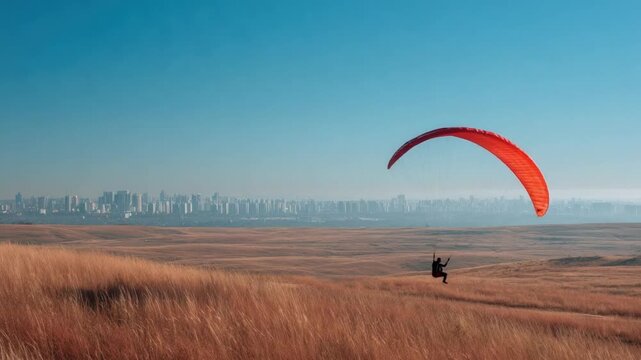 Soaring High: A paraglider floats effortlessly through the clear blue sky above a sprawling, sun-kissed landscape. The scene evokes a sense of freedom and adventure.
