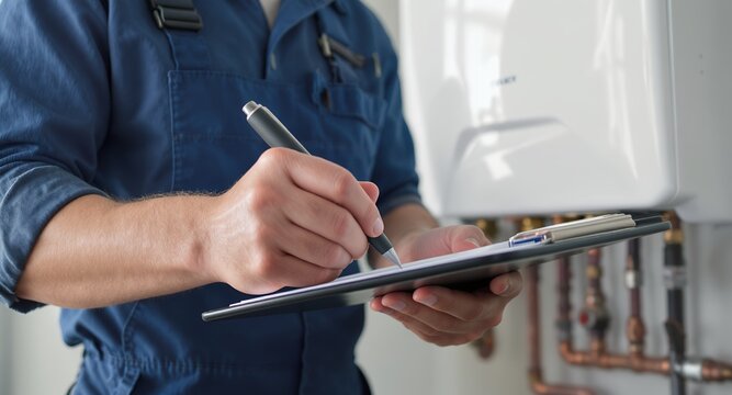 Technician filling out a service report, close-up of hands writing on a clipboard near home appliance.