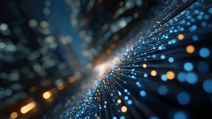Obraz premium Digital Highway: A network of illuminated, fiber optic strands converge and diverge in an artistic, abstract composition, representing the intricate pathways of modern data transfer.
