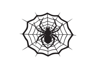 Creepy Spider Hanging on Web Silhouette Halloween Vector Icon.