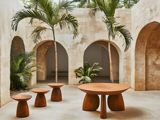 Rustic Wooden Outdoor Tables and Stools in Courtyard Setting