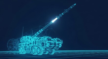 Futuristic illustration of a sophisticated missile defense system on a transporter, displayed in cyan wireframe against a dark background.