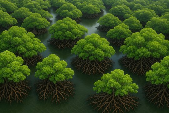 Aerial view of carbon-capturing mangrove forest showing dense green canopy for environmental conservation