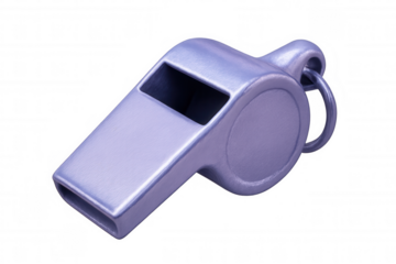 Metal whistle hanging against transparent backdrop, used for signaling, coaching, or sporting event communication