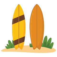 Surfboard on sandy shore cartoon style isolated vector illustration on white background