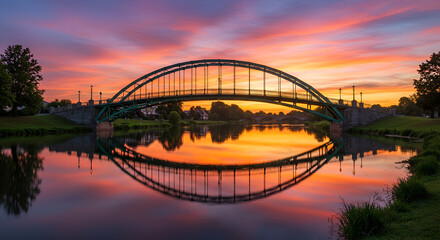 Naklejka premium Serene sunset over the river and bridge, creating a beautiful reflection in the water