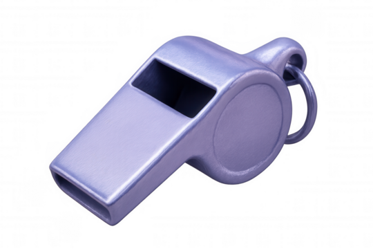 Metal whistle hanging against transparent backdrop, used for signaling, coaching, or sporting event communication