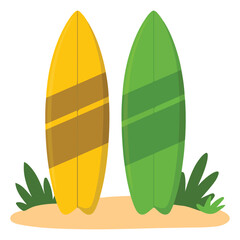 Cartoon surfboard planted in sandy beach isolated vector illustration on white background