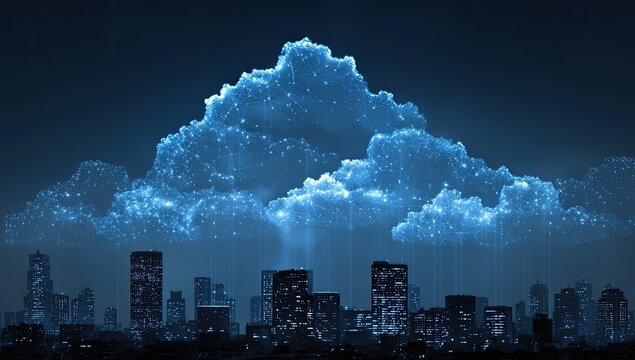 Digital cloud over a city at night - Powered by Adobe