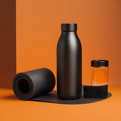 Black Fitness Kit,  Yoga Mat, Water Bottle, and Supplement Jar