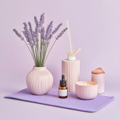 Lavender Spa Still Life,  Pink Candles, Essential Oil, and Vase