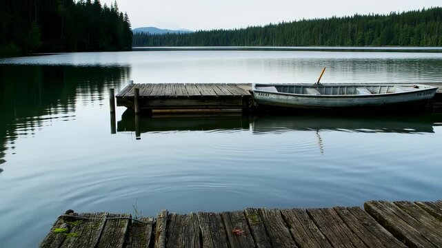 Peaceful lake scene with weathered dock and boat