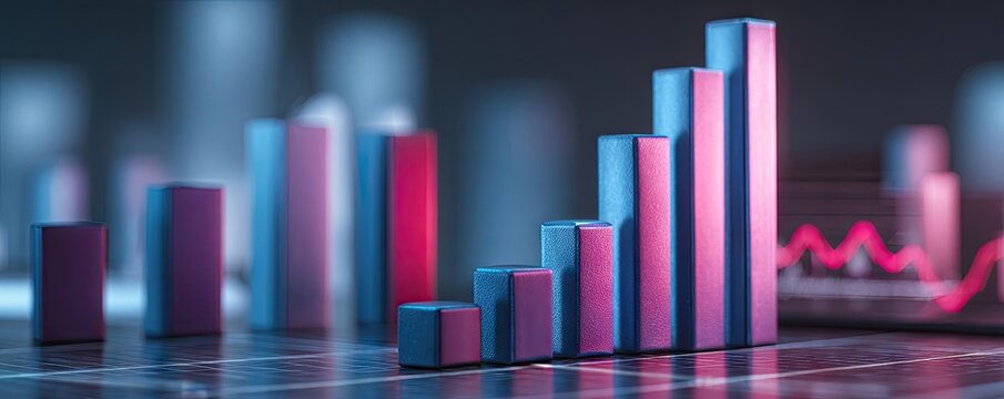 A collection of colorful bar graphs, illuminated by vibrant hues, demonstrates upward trends in data.