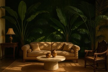 Tropical Bali-inspired wall design with lush palm leaves and atmospheric lighting effects