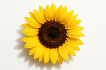 Vibrant sunflower bloom perfectly isolated on white background showing detailed golden petals and dark center