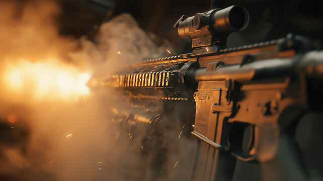 Powerful automatic rifle weapon discharging during tactical gunfight scenario close up