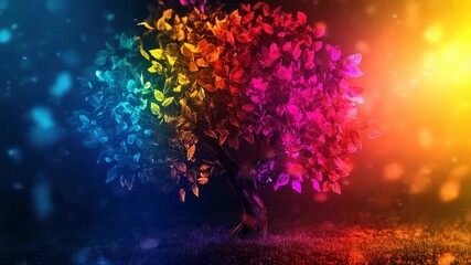 Vibrant tree with multicolored leaves against dark, abstract background - Powered by Adobe