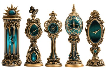 Ornate Teal and Gold Decorative Clocks and Vases, Exquisite Art Deco Style