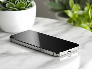 Sleek Modern Smartphone on Marble Table with Plants