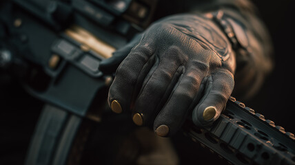 Gloved Hand Gripping Tactical Rifle Shows Preparedness Ready for Action