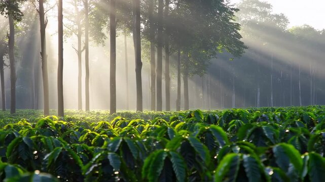 Sunbeams pierce a misty coffee plantation