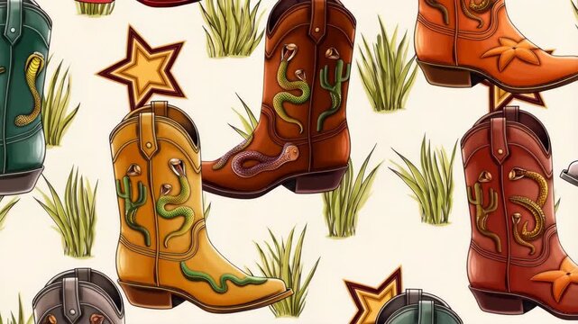 Cowboy boots, snakes, cacti, and stars seamless pattern animation