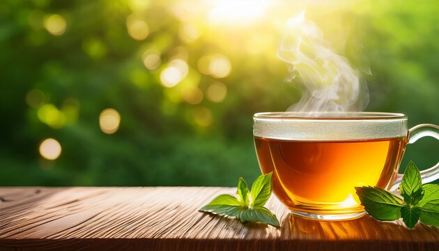 steaming tea in clear cup herb blurry green background sunlit wooden surface
