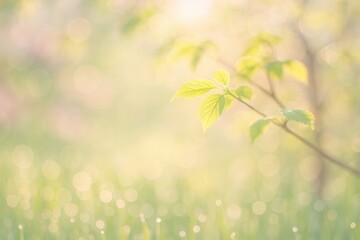 Soft focus nature scene with bokeh light filtering through spring foliage creating ethereal pastel atmosphere