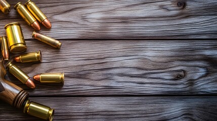 Ammunition on Rustic Wooden Background Gun Cartridge Bullets