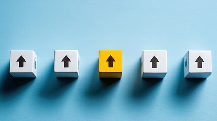 Five small blocks, four white and one yellow, with an upward-pointing arrow on each.