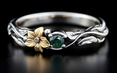 Elegant Floral Engagement Ring with Green Gemstone and Gold Flower Detail