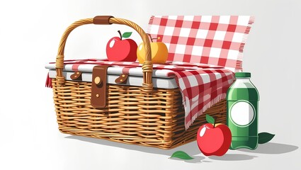a wicker picnic basket with bottles, fruits, and blanket, showcasing cozy leisure in warm rustic tones.