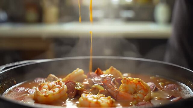 Detailed Close Up of Simmering Jambalaya with Plump Shrimp Sliced Sausage and Rich Broth Preparation Using Tongs Food Stock Video Ideal for Cooking Shows Food Blogs Restaurant Promotion and Culinary