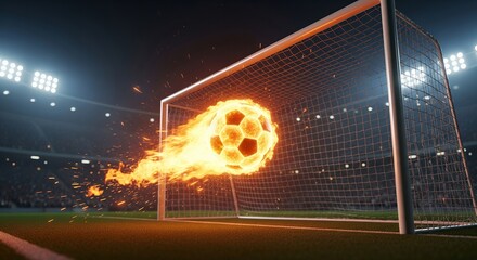 Football Ball on Fire Entering Goal