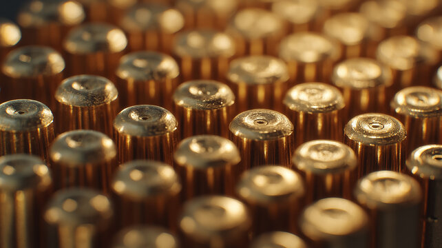 Golden Brass Bullet Shells Ammo Background for Military Concept Closeup