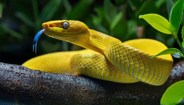 yellow morph version green tree snake or dendrelaphis punctulatus with blue tongue out in small bush pond
