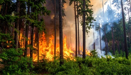Obraz premium Wildfire raging through pine forest.