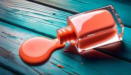 nail polish bottle spilling coral color on wooden background