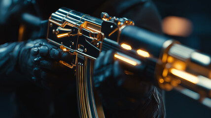 Obraz premium Golden AK47 Assault Rifle Futuristic Weapon Concept Metal Detail Gun
