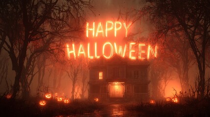 Spooky halloween scene with haunted house pumpkins and glowing happy halloween text in the sky halloween art