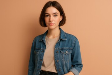 Fototapeta premium Young woman portrait with trendy hairstyle against soft peach fuzz background
